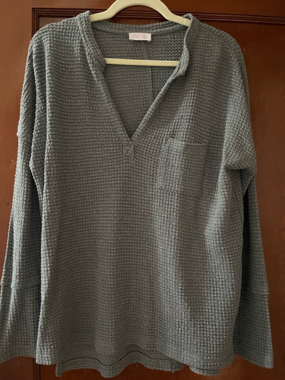 Pink Lily women’s Waffle V-Neck Sweater in Gray